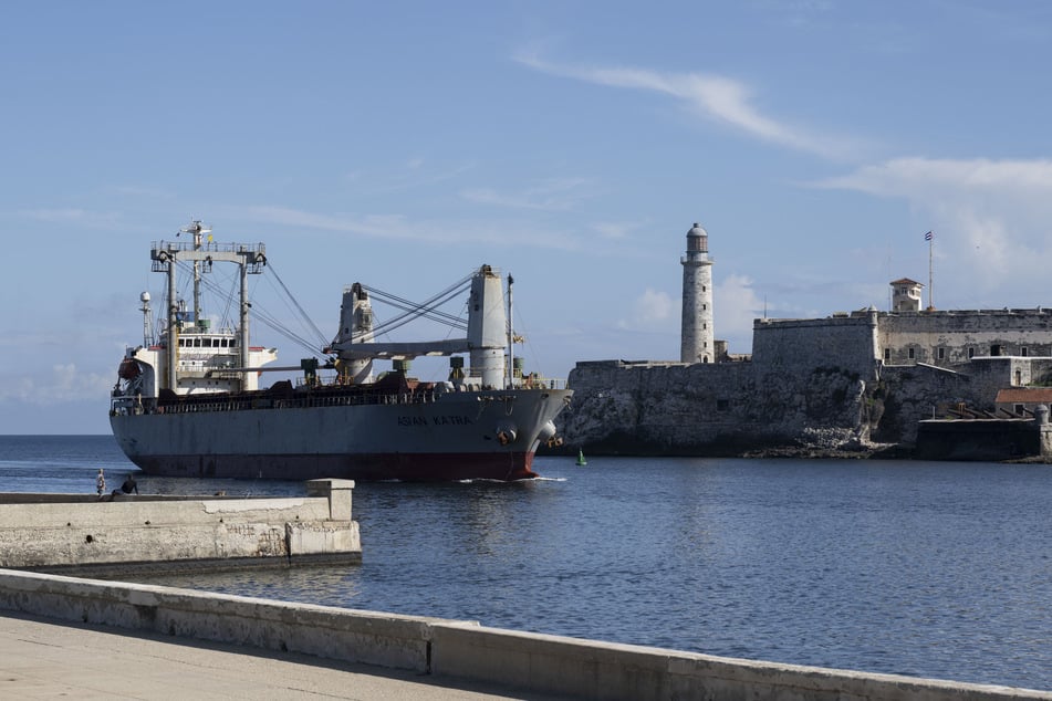 The Asian Katra, a Panama-flagged cargo ship, arrives in Havana Bay carrying Mexican humanitarian aid, in Havana, on Sunday.