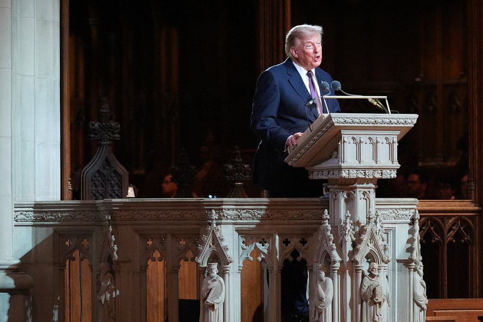 President Donald Trump speaks during the funeral service for US Senator Lindsey Graham at the Washington National Cathedral in Washington, DC, on Tuesday
