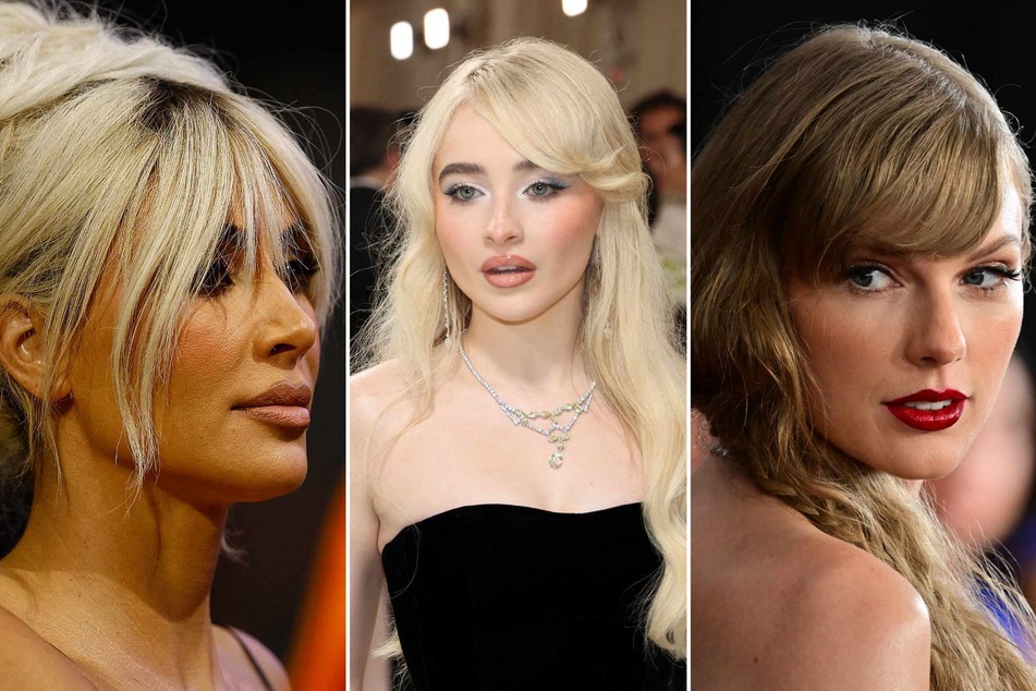 Taylor Swift (r.) and her longtime enemy Kim Kardashian (l.) got name-dropped in Sabrina Carpenter's (c.) new Rolling Stone interview.