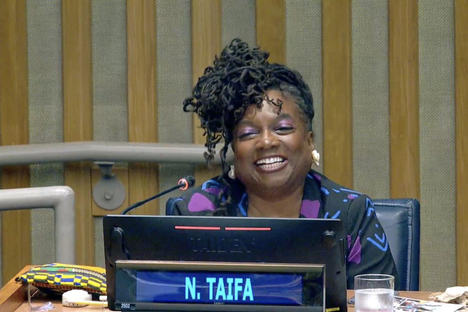 Nkechi Taifa delivers opening remarks in the meeting on reparations during the fourth session of the UN Permanent Forum on People of African Descent on April 15, 2025.