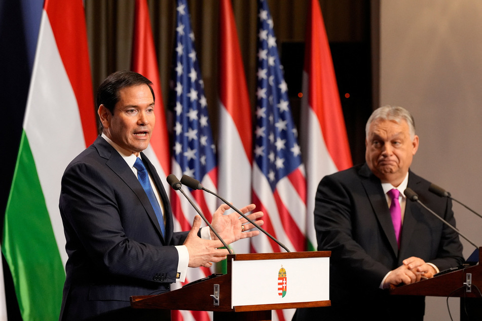 US Secretary of State Marco Rubio (l.) speaks alongside Hungarian Prime Minister Viktor Orban during a joint press conference in Budapest on February 16, 2026.