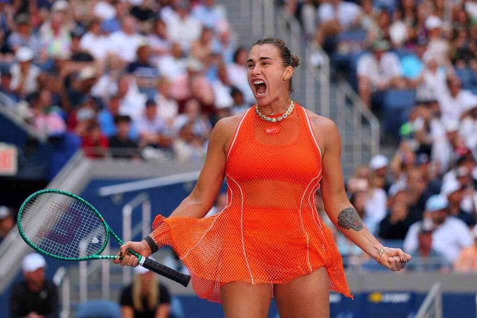 Aryna Sabalenka celebrates winning her US Open quarter-final match against Linda Noskova on September 8, 2026.
