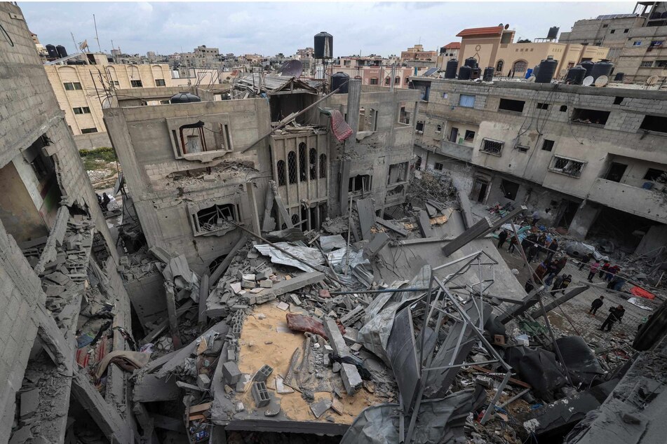 The rubble of a building destroyed in overnight Israeli bombardment in Rafah on Sunday, amid the ongoing conflict between Israel and the militant group Hamas.