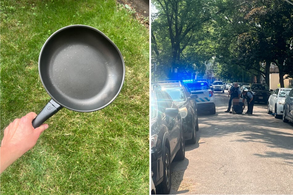 The suspected burglar (r.) apparently got a good beating with the frying pan before police caught him.