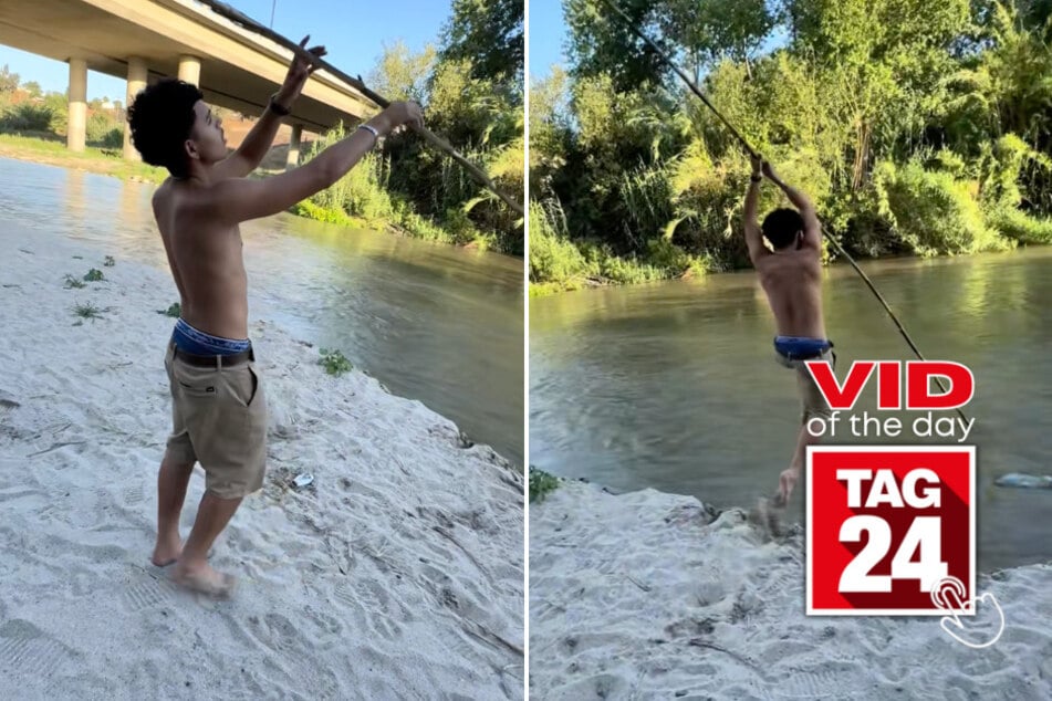 Viral Video of the Day for February 16, 2026: Guy tries to pole vault across river and instantly wipes out!