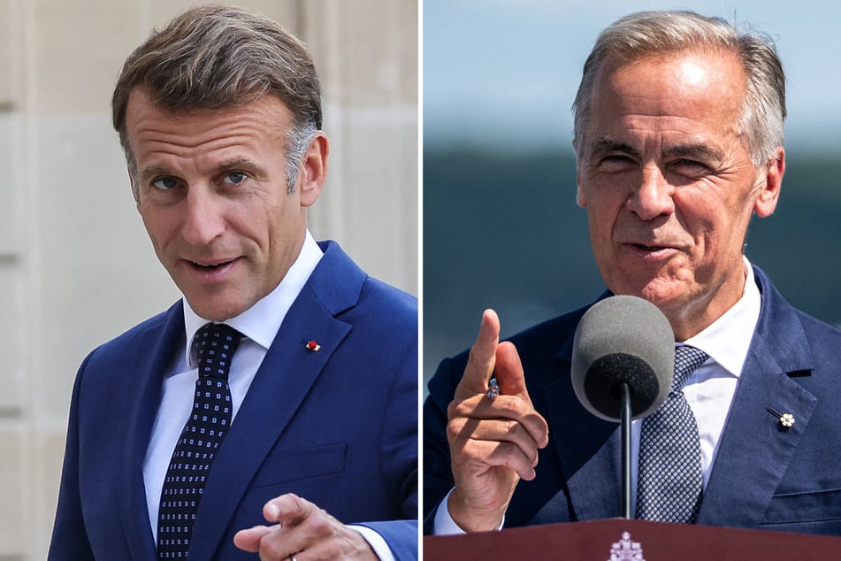 French President Emmanuel Macron (l) and Canadian Prime Minister Mark Carney will visit France's North Atlantic territory of Saint-Pierre-and-Miquelon. The visit comes after US President Donald Trump posted a map claiming the islands as Washington's territory.
