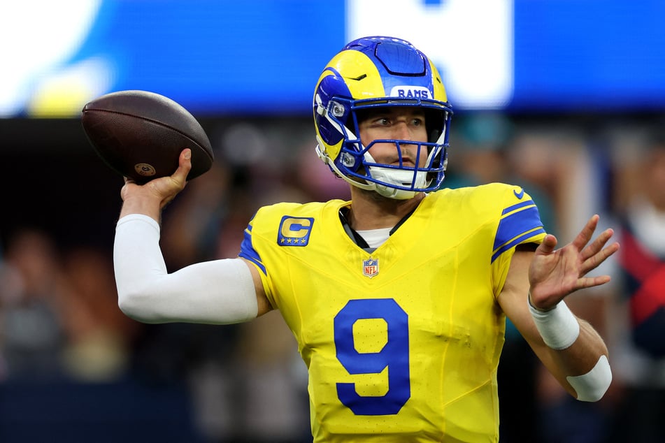 Matthew Stafford of the Los Angeles Rams throws a pass against the New York Giants during the first quarter of the game at SoFi Stadium on September 21, 2026.