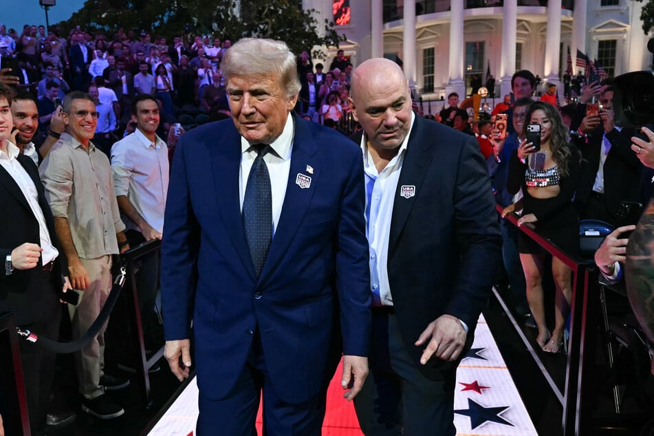 President Donald Trump and UFC CEO Dana White arrive ahead of the "UFC Freedom 250" match on White House grounds on Sunday night.