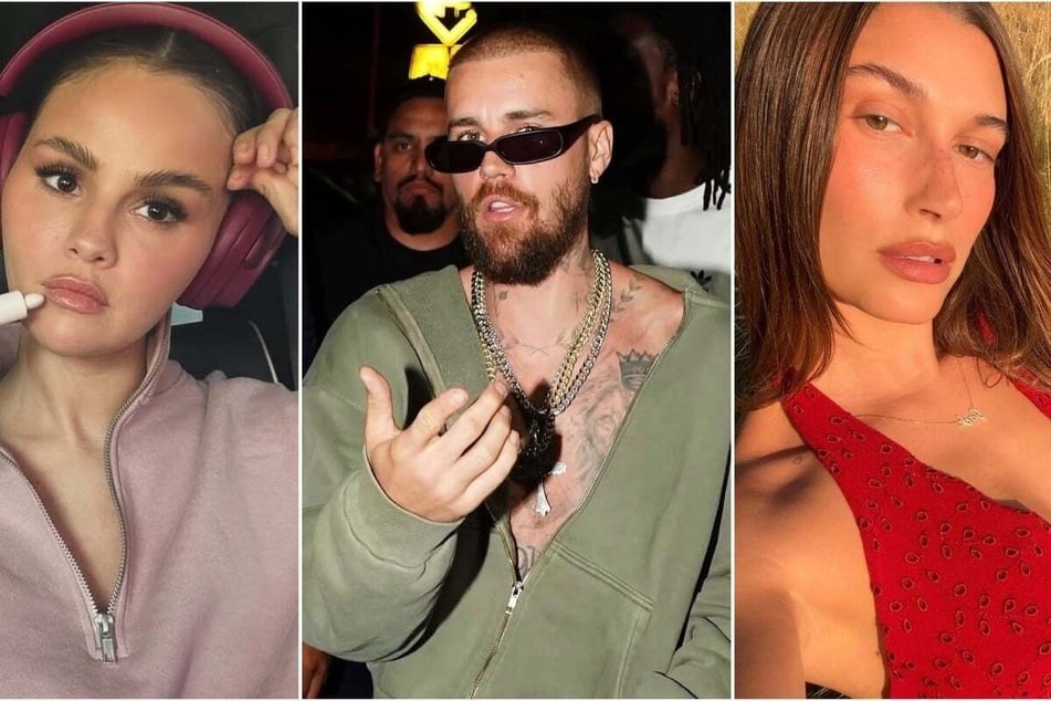 Insiders suggest that Justin Bieber (c.) "loves" his wife Hailey's (r.) alleged rivalry with his ex, Selena Gomez.
