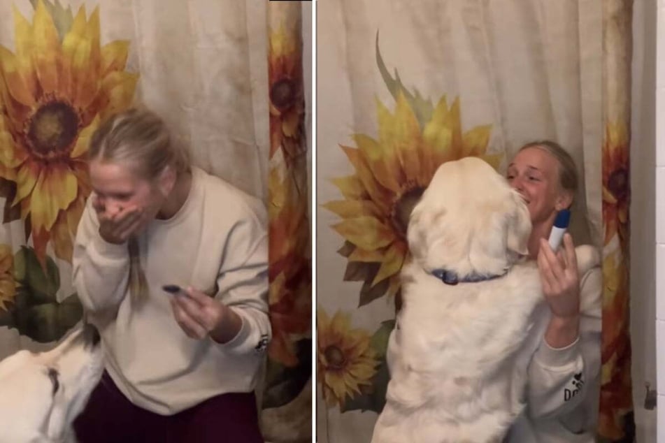 Overjoyed, Hope celebrates with her pet! The dog immediately rushes into her arms and happily licks her face.