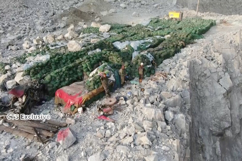 A drone view shows mine workers trapped in a landslide-struck mountainous area, following a magnitude-7.4 earthquake, in Hualien, Taiwan.
