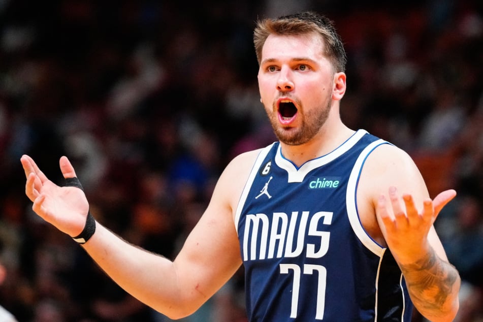 Dallas Mavericks guard Luka Dončić reacted to a call during the Dallas Maverick's loss to the Miami Heat on Saturday.