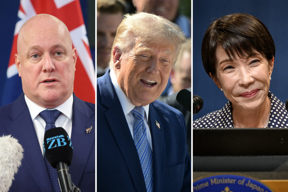 World leaders, including New Zealand Prime Minister Christopher Luxon (l) and Japanese PM Sanae Takaichi's (r) government, responded to President Donald Trump's (m) new tariff regime.