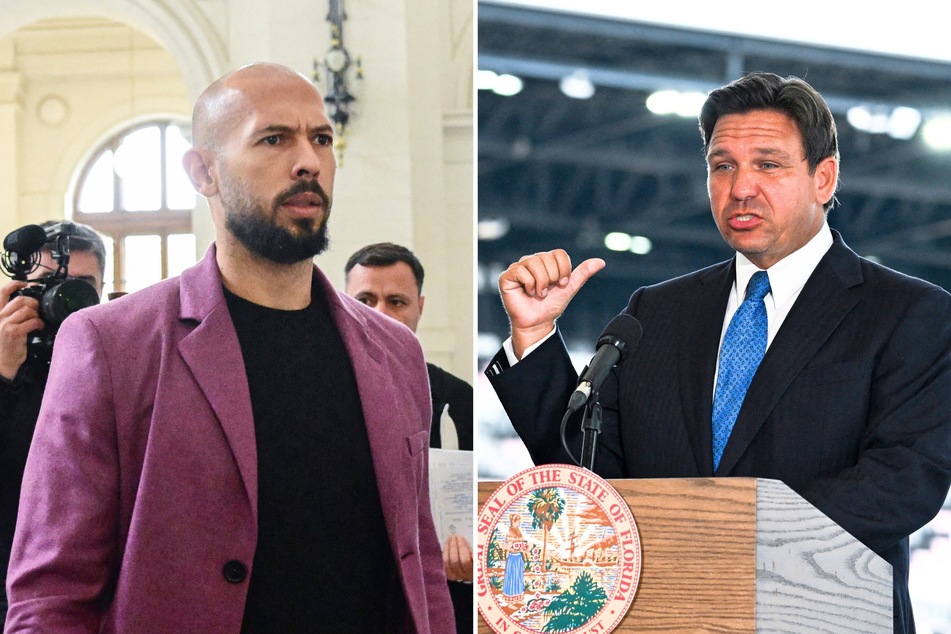 Florida Governor Ron DeSantis (r.) recently shared harsh words after influencers Andrew (l.) and Tristan Tate arrived in his state to face human trafficking charges.
