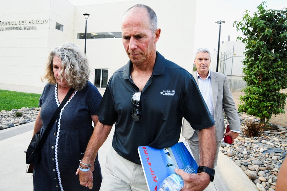 Debra and Martin Robinson, parents of Callum and Jake Robinson, leave the Baja California State Palace of Justice in Ensenada, Mexico, on September 8, 2026. It was the second day of the trial of three men accused of murdering the Australian brothers and their American friend, Jack Carter Rhoad.