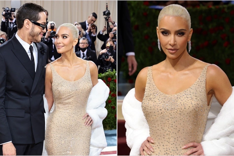 Kim Kardashian (r) wore Marilyn Monroe's iconic Happy Birthday gown for the 2022 Met Gala, and attended with boo Pete Davidson (l.)