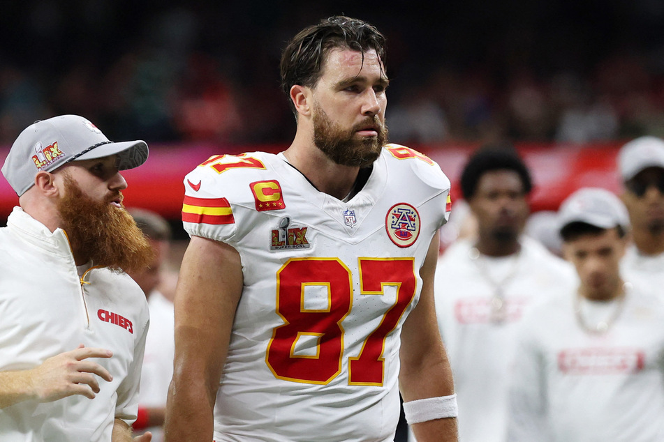 Kansas City Chiefs tight end Travis Kelce walks off the field at the end of the first half of Super Bowl LIX at Caesars Superdome.