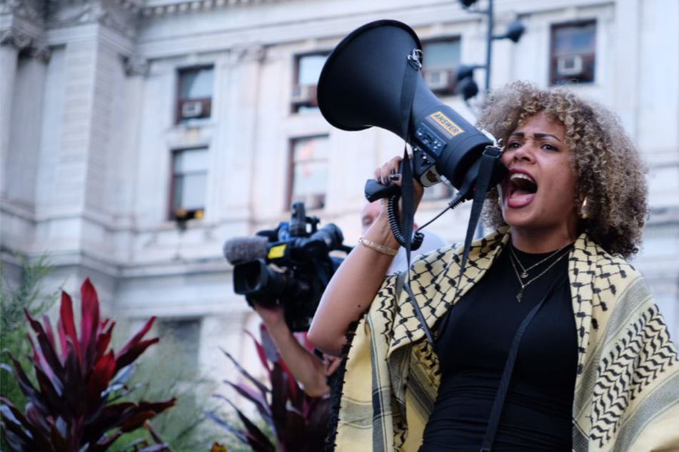 Party for Socialism and Liberation presidential candidate Claudia De la Cruz speaks during a protest outside the Kamala Harris-Donald Trump debate in Philadelphia, Pennsylvania.