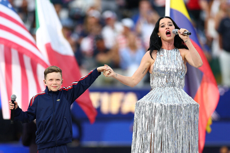 Katy Perry (r.) and Tius Luka perform during the opening ceremony before the United States vs. Paraguay match on June 12, 2026.