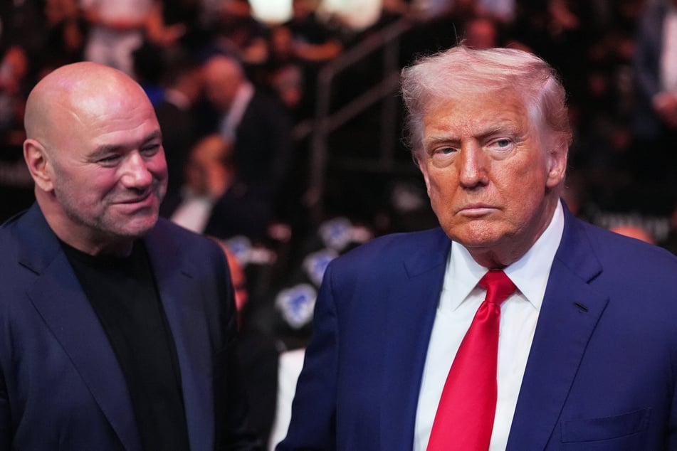 President Donald Trump (r.) and UFC CEO Dana White attend a UFC 316 event at the Prudential Center in Newark, New Jersey, on June 7, 2025.