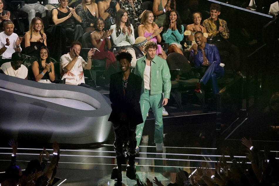 Lil Nas X and Jack Harlow onstage at the 2022 MTV VMAs at the Prudential Center in Newark.