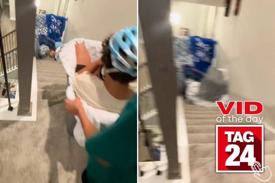 This boy tried sledding down the stairs in a plastic tub... but it ended up flipping over instead!