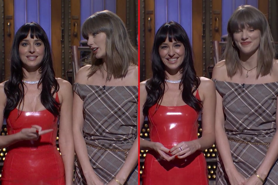 Taylor Swift (r.) made a surprise appearance on Saturday Night Live this weekend, joining host Dakota Johnson during her opening monologue.