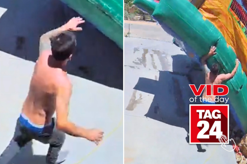 Viral Video of the Day for July 14, 2024: Flying bounce house makes husband jump for his life!