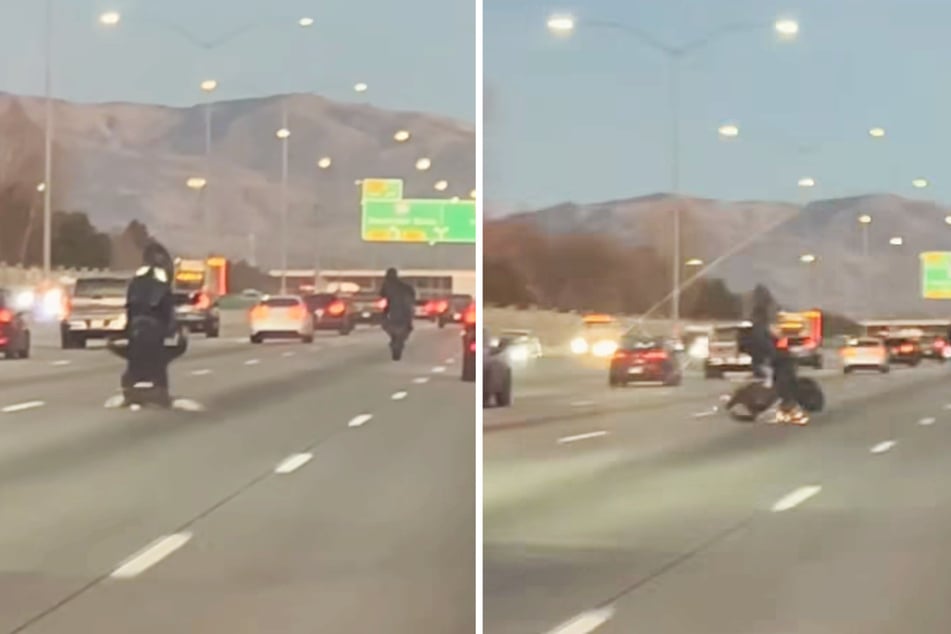 The biker crashed onto the road while flexing. Police later cited both motorcyclists for reckless driving.