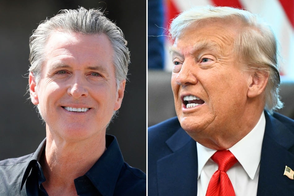 California Governor Gavin Newsom (l.) recently launched a web store featuring merchandise mocking President Donald Trump (r.) and his MAGA movement.