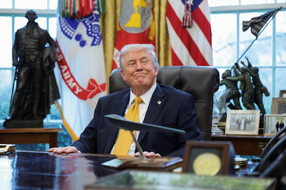 President Donald Trump takes questions from reporters in the Oval Office of the White House on March 16, 2026.