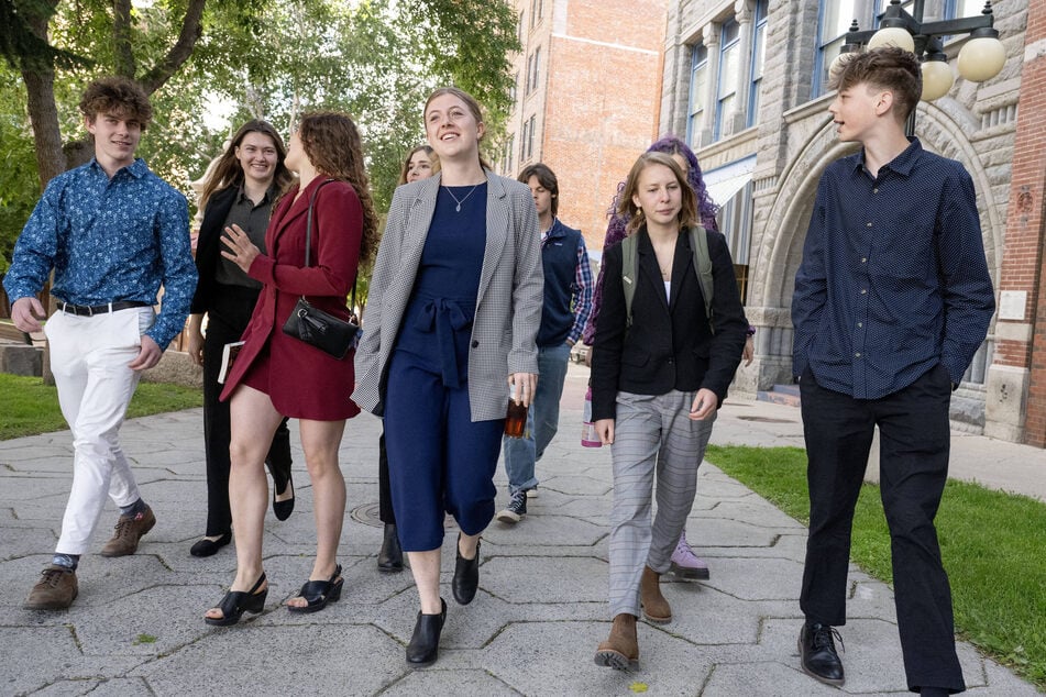 Youth plaintiffs walk to court before closing arguments in the landmark Held v. Montana trial in the Lewis and Clark County Courthouse in Helena.