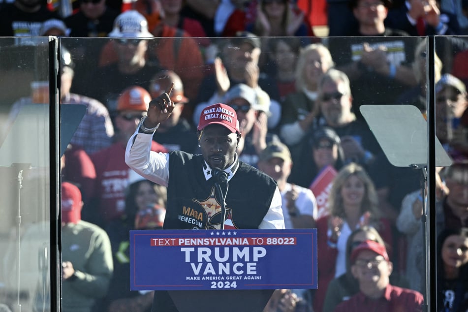 Antonio Brown speaks during a presidential campaign rally for Donald Trump in Latrobe, Pennsylvania, on October 19, 2024. He is expected to plead no contest to aggravated assault in his attempted murder case.