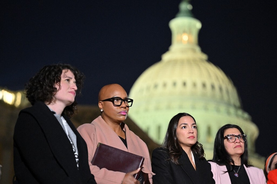 US Representatives Ayanna Pressley, Alexandria Ocasio-Cortez, and Rashida Tlaib attend a rabbis news conference on Capitol Hill calling for a ceasefire in Gaza.