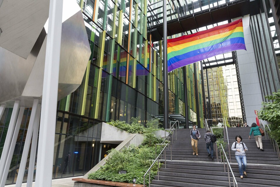 A pride flag outside the Doppler building at the Amazon Headquarters in Seattle.