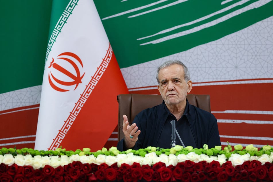 Iranian President Masoud Pezeshkian speaks during a press conference in Tehran on Saturday, addressing negotiations on the Strait of Hormuz.