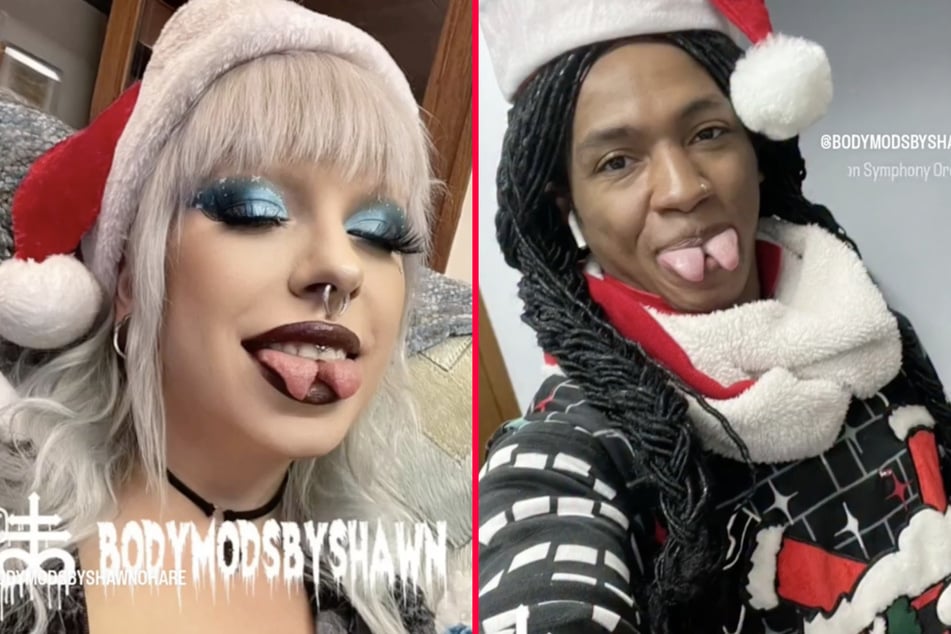 Tattoo and body mod addicts with split tongues pull off bizarre Christmas stunt