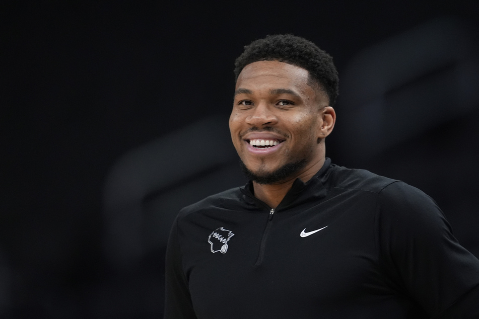 Giannis Antetokounmpo of the Milwaukee Bucks looks on before a game against the Brooklyn Nets at Fiserv Forum on April 10, 2026.