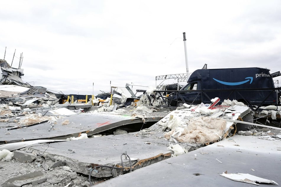 The scene at the Edwardsville Amazon warehouse after the devastating tornado hit.