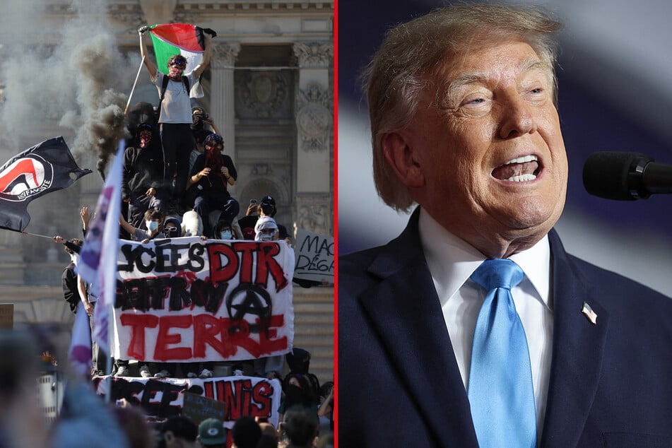 President Trump (r.) pushed his anti-migrant narrative in a new social media post about the mass student protests in France.