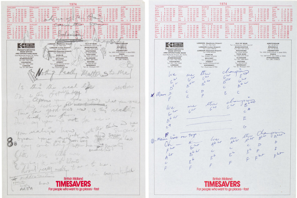 Freddie Mercury's handwritten working lyrics of early drafts of Bohemian Rhapsody (l.) and We Are The Champions were written on stationary from a defunct British airline, and are now being auctioned by Sotheby's.