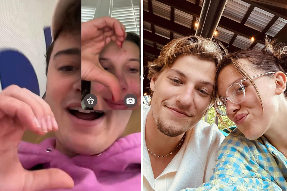 Millie Bobby Brown (r.) shared new photos with her Stranger Things co-star Noah Schnapp (l.) and her fiancé Jake Bongiovi on Sunday.