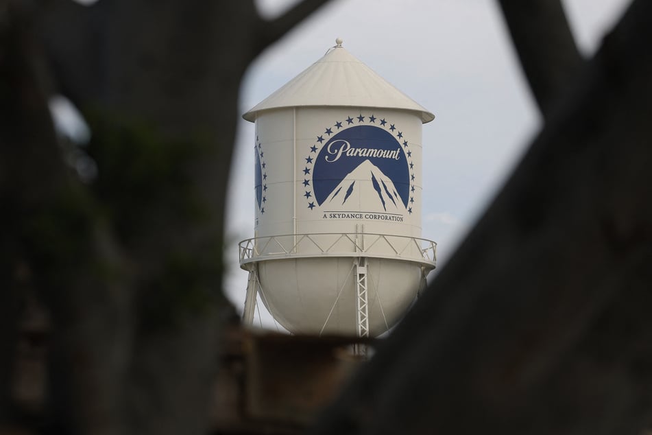 The Paramount logo is displayed on a water tower at the Paramount Studios lot on Monday in Los Angeles, California.
