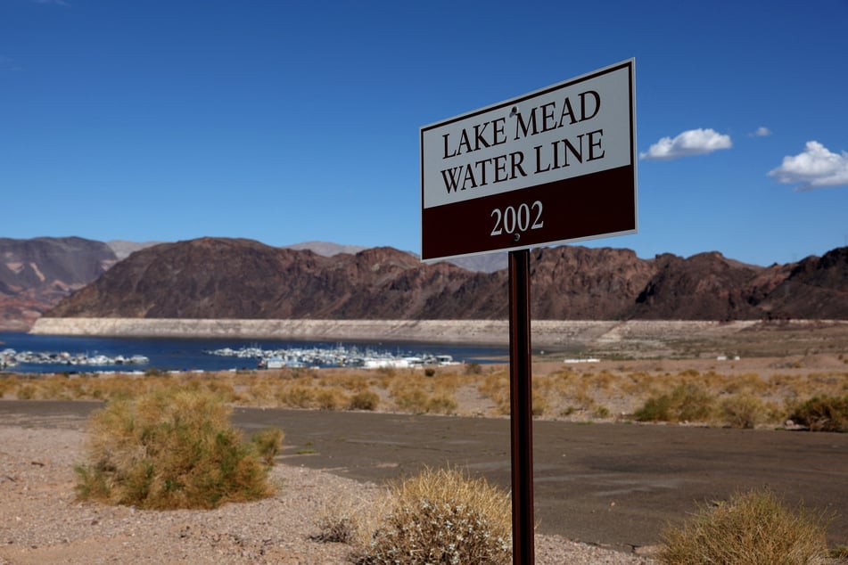A sign showing where Lake Mead water levels were in 2002 is posted near the Lake Mead Marina in Nevada on August 19, 2022.