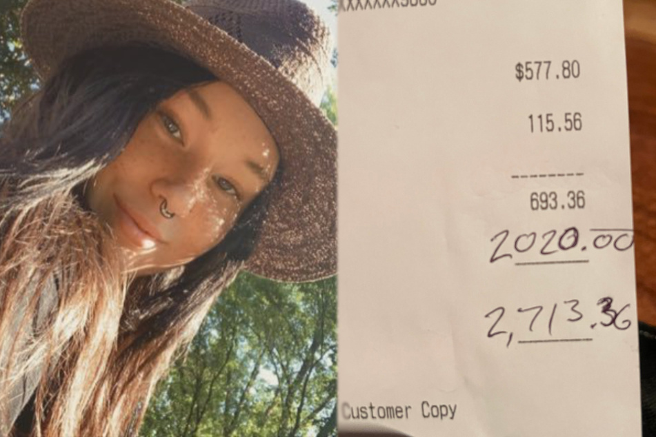 Left: Sarrah on her Twitter profile picture. Right: The receipt with the huge tip.