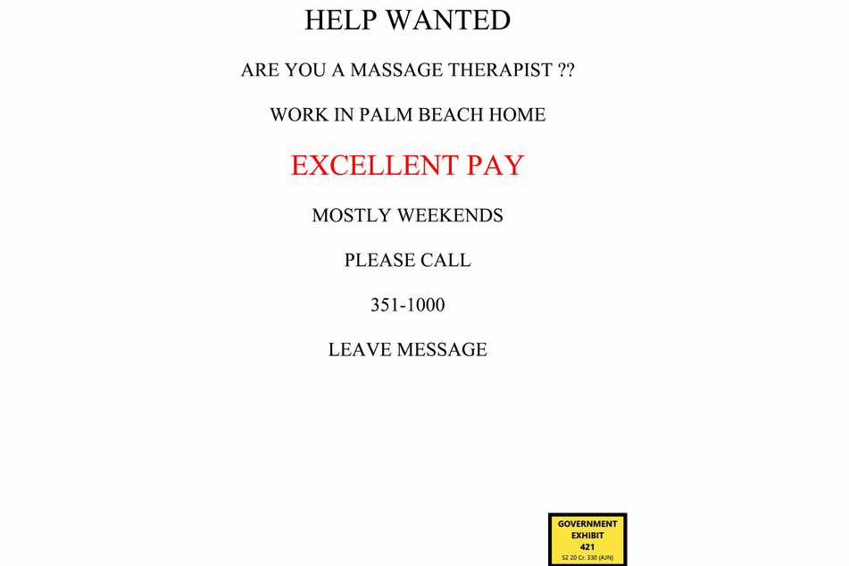 An ad for massage therapists recovered from Jeffrey Epstein's New York City home after an FBI raid.