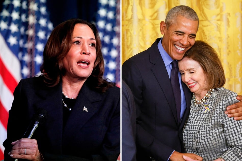 In their reactions to Joe Biden dropping out of the presidential race, Barack Obama (c.) and Nancy Pelosi (r.) did not immediately endorse his running mate, Kamala Harris (l.).