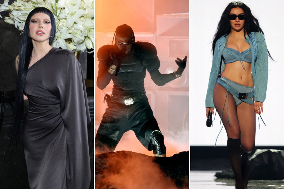 (From l. to r.) Lady Gaga, Travis Scott, and Charli XCX are headlining Coachella 2025 at the Empire Polo Club in Indio, California.