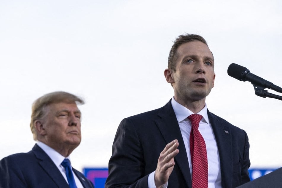 President Donald Trump and Congressional candidate Max Miller (r) during a rally on April 23, 2022, in Delaware, Ohio.