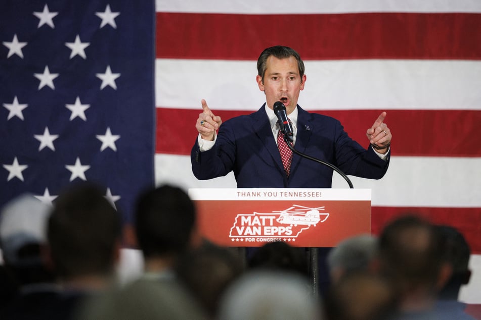 Tennessee Representative-elect Republican Matt Van Epps delivers his victory speech at Millennium Hotel Maxwell House Nashville on December 2, 2025.